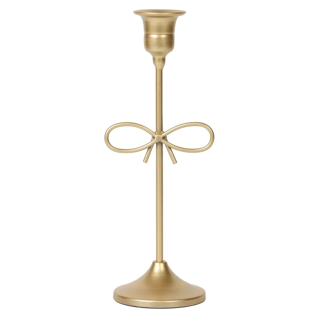 Gold Metal Taper Tabletop Candle Holder – Elegant Bow Accent Design
