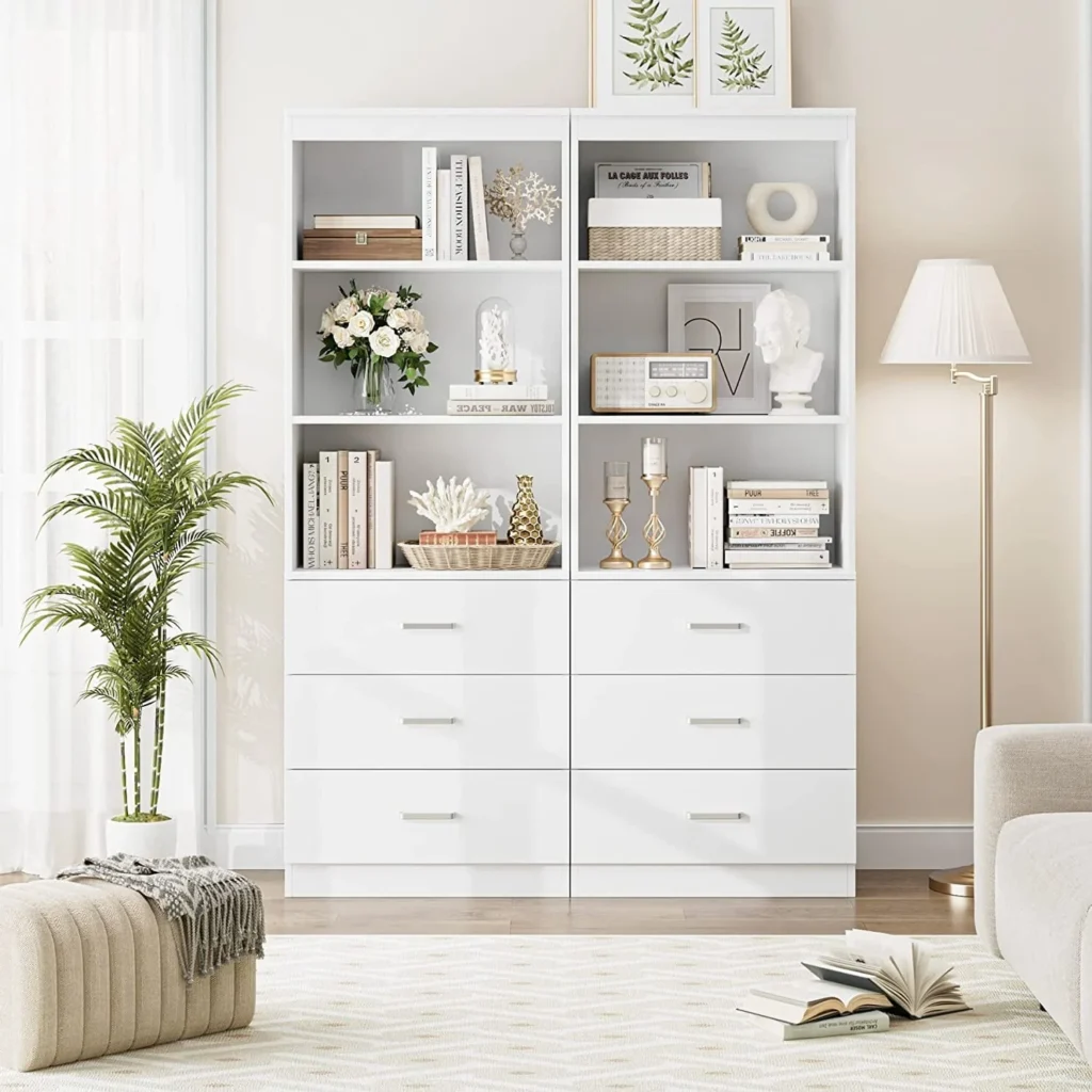 Homfa 71″ Tall Bookcase with 3 Drawers – White Wooden Storage β alternate angle showing full product
