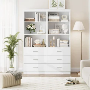 Homfa 71″ Tall Bookcase with 3 Drawers – White Wooden Storage