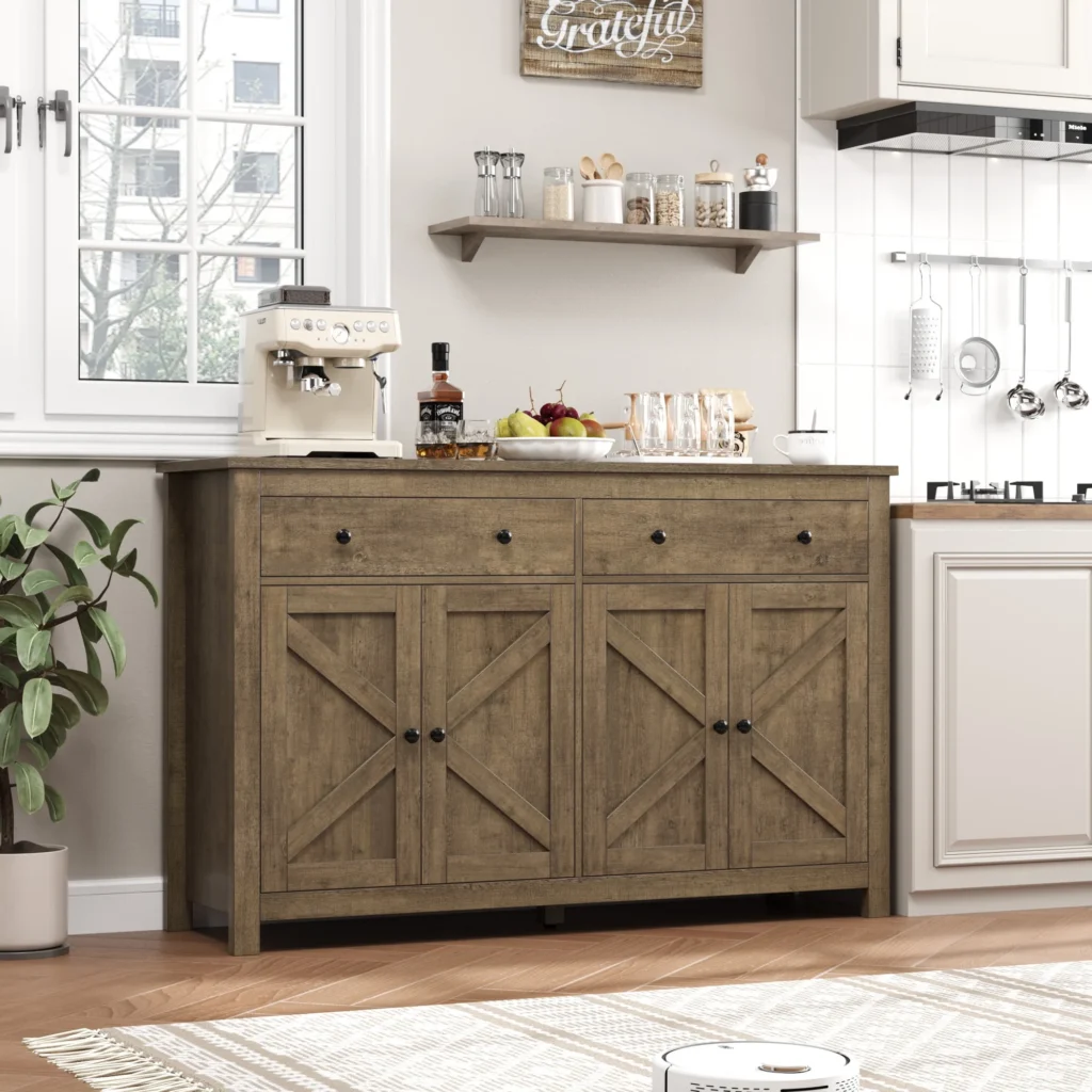 Homfa Farmhouse Sideboard – 4-Door, 3-Drawer Storage Cabinet Brown β close-up detail of design and finish