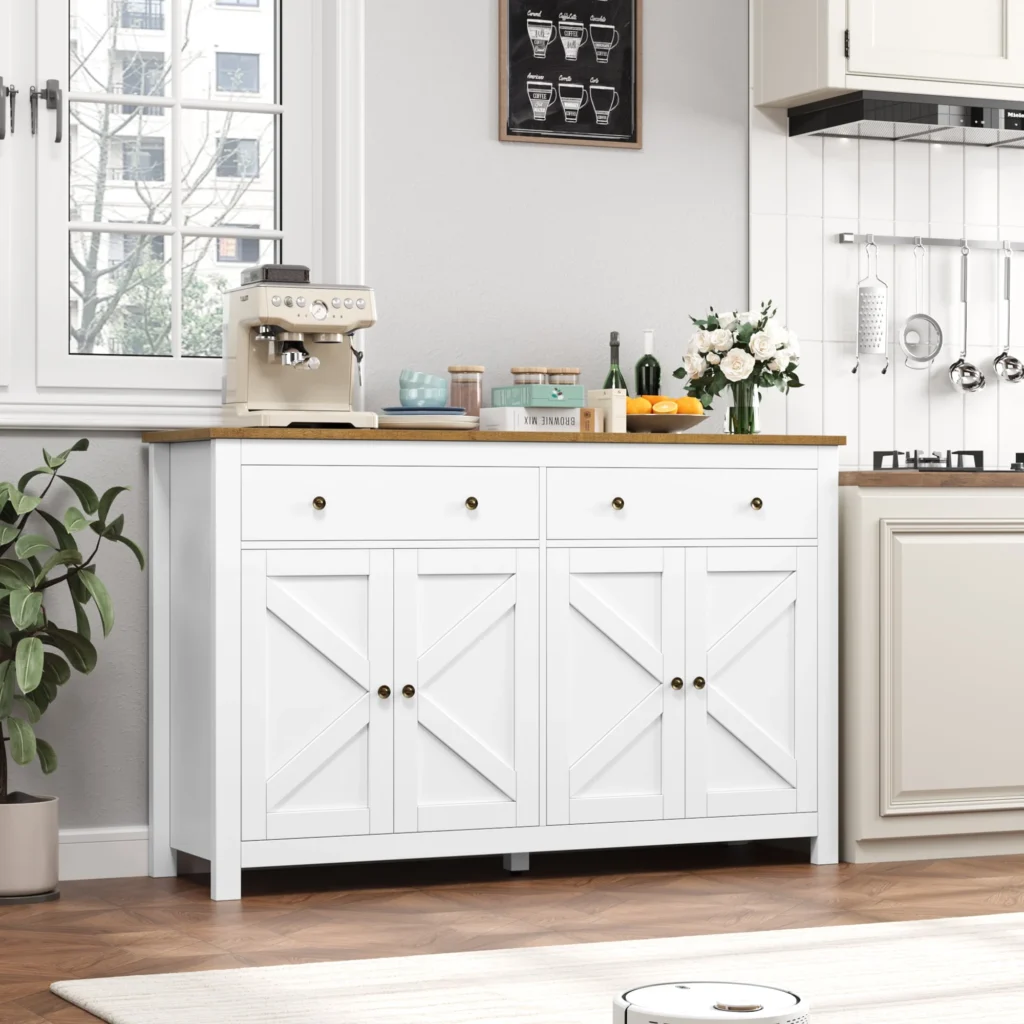 Homfa Farmhouse Sideboard – 4-Door, 3-Drawer Storage Cabinet Brown β alternate angle showing full product