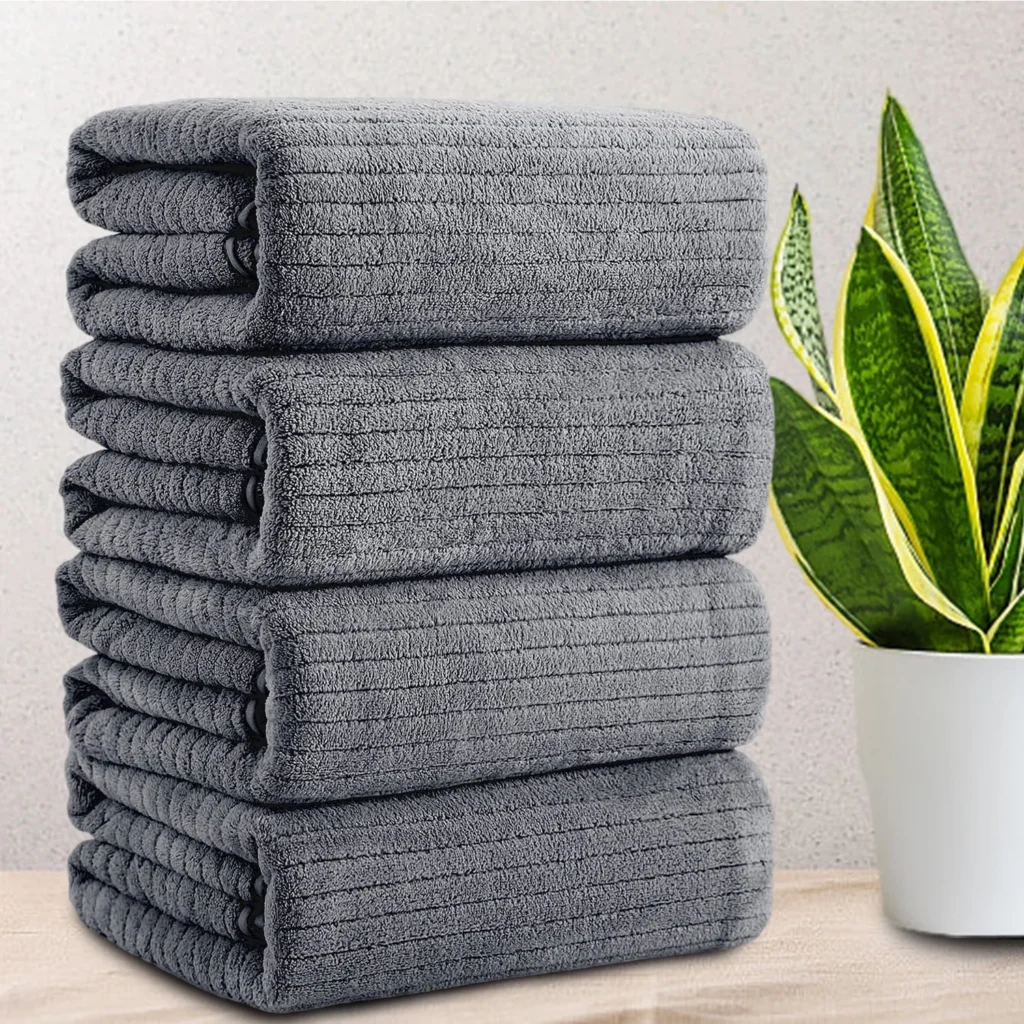 Jessy Home Oversized Dark Gray Stripe Bath Towels – 4 Pack Soft & Absorbent