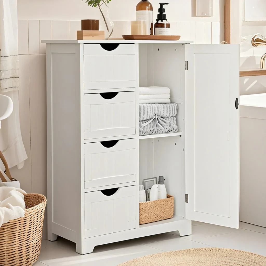 Ktaxon Wooden Bathroom Floor Cabinet – 4 Drawers, 1 Cupboard, 2 Shelves β alternate angle showing full product