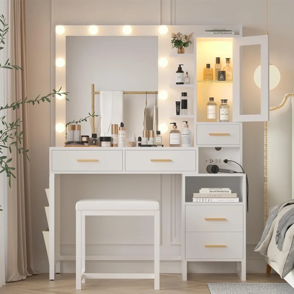 Modern Black Vanity Set: Sliding Lighted Mirror, Desk & Chair — alternate angle showing full product