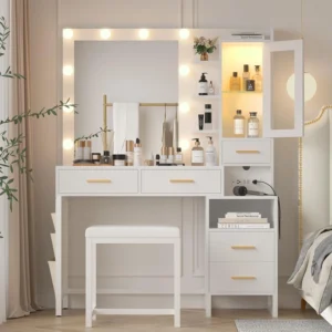 Modern Black Vanity Set: Sliding Lighted Mirror, Desk & Chair