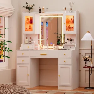 Modern Black Vanity Set: Sliding Lighted Mirror, Desk & Chair