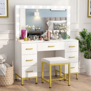 Modern Black Vanity Set: Sliding Lighted Mirror, Desk & Chair