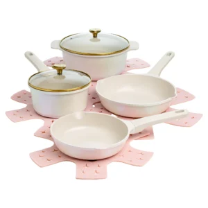 Paris Hilton Clean Ceramic Nonstick Cast Aluminum Cookware Set with Heart Shaped Lid Knobs Pink