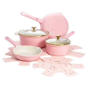 Paris Hilton Clean Ceramic Nonstick Cast Aluminum Cookware Set with Heart Shaped Lid Knobs Pink