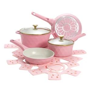 Paris Hilton Clean Ceramic Nonstick Cast Aluminum Cookware Set with Heart Shaped Lid Knobs Pink