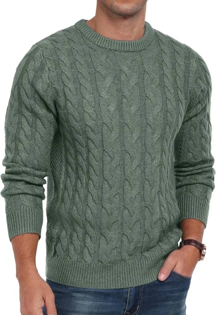 Puztloy Men’s Lightweight Crewneck Pullover Sweater – Soft Khaki Knit — close-up detail of design and finish