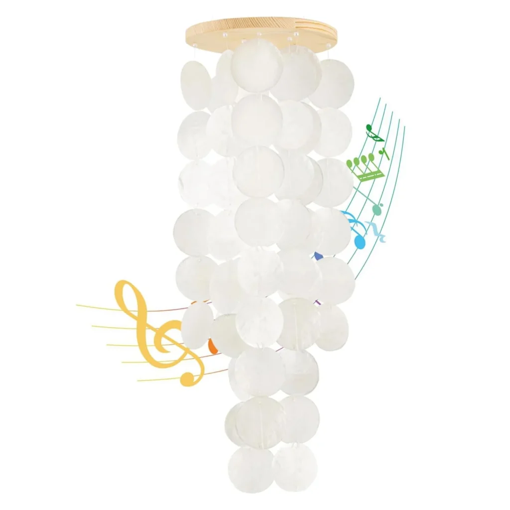 SINKOO Handcrafted White Capiz Shells Wind Chime – Coastal Decor β alternate angle showing full product