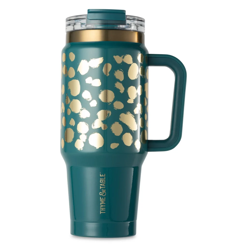 Thyme Table 32oz Insulated Tumbler – Dual Straw Lid & Handle β close-up detail of design and finish