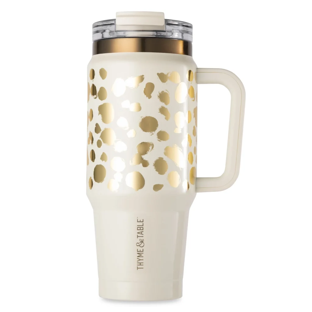Thyme Table 32oz Insulated Tumbler – Dual Straw Lid & Handle β alternate angle showing full product