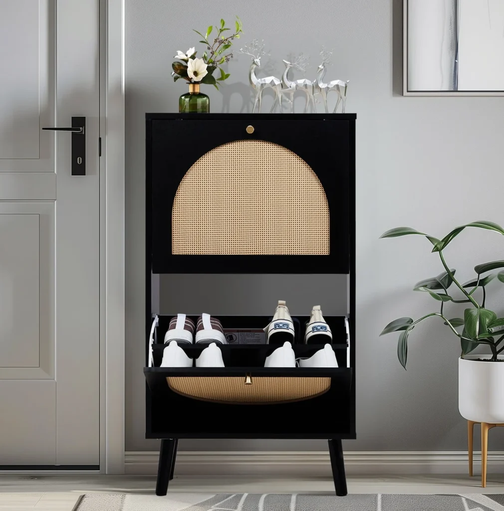UBesGoo Rattan 4-Tier Shoe Storage Cabinet – Natural Entryway Organizer