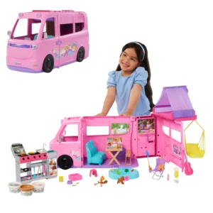 Barbie Dream Camper Playset with Roof Tent BBQ Grill with Color Change Feature 60 Accessories