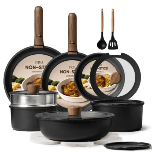Carote 19 Pcs Nonstick Cookware Sets Pots and Pans Set with Detachable Handles Oven Safe Induction Cookware Stackable Kitchen Cooking Set White
