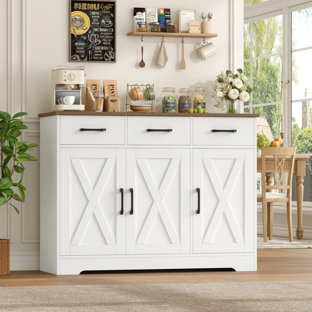 Homfa 42″ Farmhouse Buffet Sideboard – 3 Drawers, Adjustable Shelf