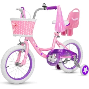 Hykolity 14 Girls Bikes with Basket Doll Seat Removable Training Wheel Adjustable Sanddle