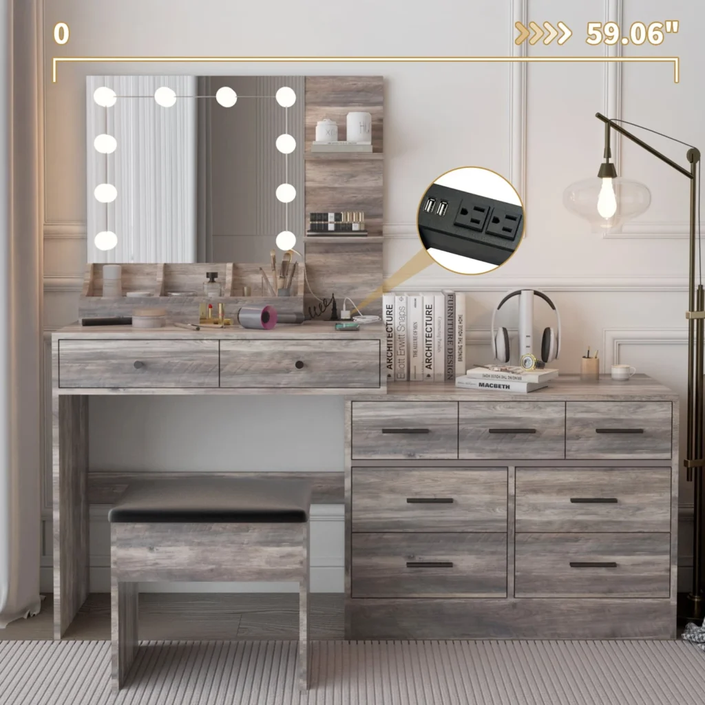 Ktaxon 9-Drawer Makeup Vanity Desk with 3-Color Lights – Gray
