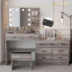 Ktaxon 9-Drawer Makeup Vanity Desk with 3-Color Lights – Gray