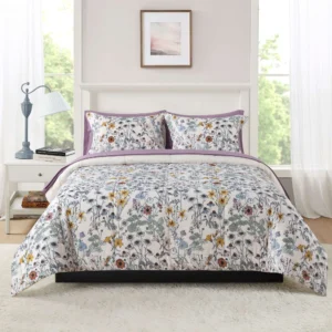 Mainstays 7 Piece Reversible Bed in a Bag Comforter Set with Sheets Purple Floral Queen