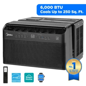 Midea 6 000 BTU Smart Window Air Conditioner U Shaped Inverter Ultra Quiet Wi Fi Remote Easy Install Energy Efficient Cools 250 Sq Ft Black
