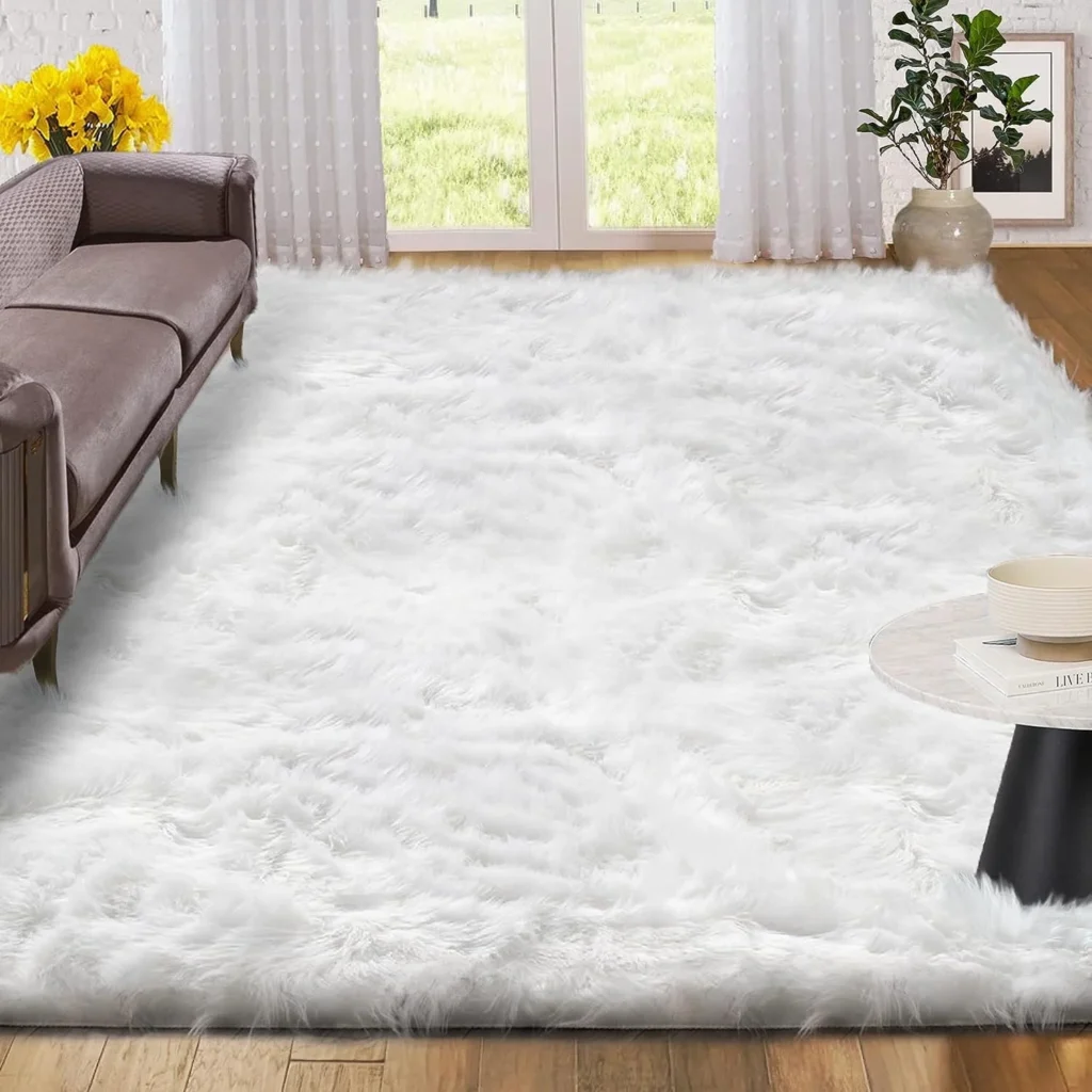 Sanmadrola Faux Sheepskin Area Rugs Fluffy Shaggy Rug Ultra Soft Fur Carpets Washable Bedroom Nursery Room Luxury Living Room Decor White 4×6 Ft
