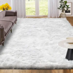 Sanmadrola Faux Sheepskin Area Rugs Fluffy Shaggy Rug Ultra Soft Fur Carpets Washable Bedroom Nursery Room Luxury Living Room Decor White 4×6 Ft