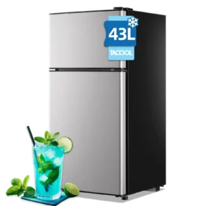 TACOOL Mini Refrigerator with Top Freezer 43 Liter Dual Door Small Refrigerator with 7 Level Adjustable Thermostat for Office Silver