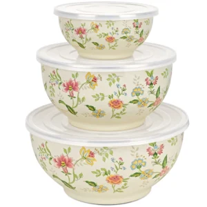 TINANA 3 Pack Mixing Bowls with Lids Enamel Steel Nesting Storage Bowls for Kitchen Great for Prep Baking Serving