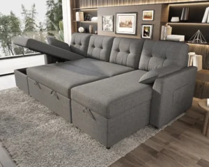 VANACC 112 Sectional Sofa with Double Storage Chaise Reversible Pull Out Couch for Living Room Gray