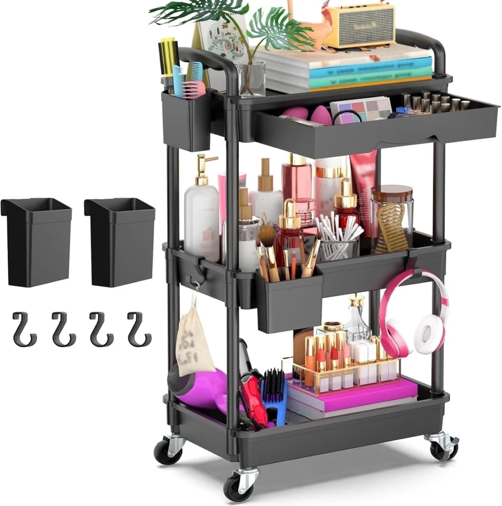 Yeabett 3 Tier Rolling Utility Cart with Drawer – Locking Wheels