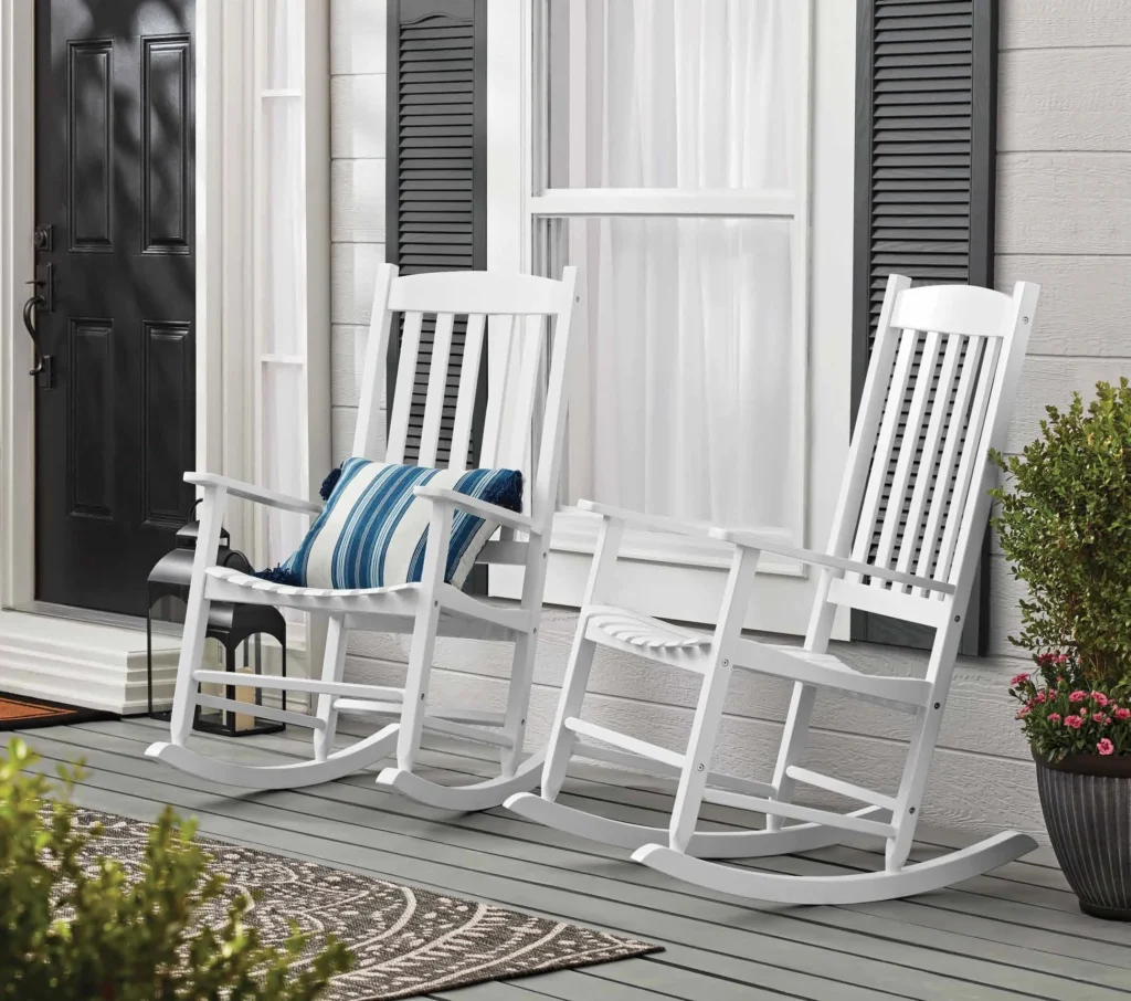 Mainstays 2-Pack Outdoor Wood Porch Rocking Chairs – White Value Set β alternate angle showing full product