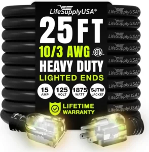 25FT 10AWG SJTW 3 Prong Extension Cord 5 15P to 5 15R Power Indicator Light Yellow 15A 125V 1876W Waterproof Flexible Durable ETL Listed