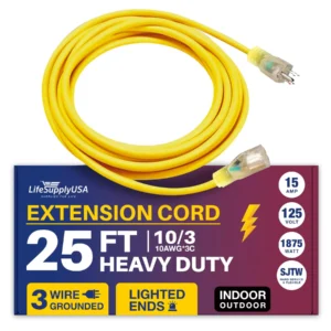 25FT 10AWG SJTW 3 Prong Extension Cord 5 15P to 5 15R Power Indicator Light Yellow 15A 125V 1876W Waterproof Flexible Durable ETL Listed