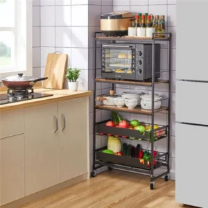 5-Tier Rolling Kitchen Cart with Wood Top & Baskets – Space-Saver