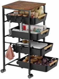 5-Tier Rolling Kitchen Cart with Wood Top & Baskets – Space-Saver