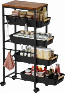 5-Tier Rolling Kitchen Cart with Wood Top & Baskets – Space-Saver