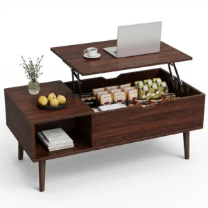 Adjustable Height Wooden Coffee Table with Hidden Storage – Rust Brown
