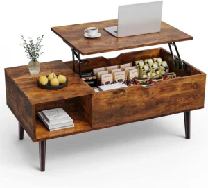Adjustable Height Wooden Coffee Table with Hidden Storage – Rust Brown