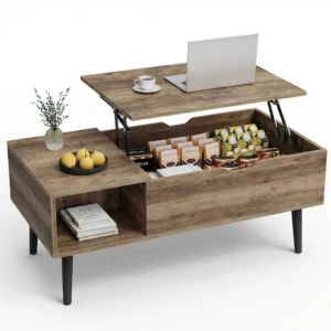Adjustable Height Wooden Coffee Table with Hidden Storage – Rust Brown