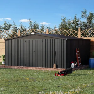 AECOJOY 14 x 12 Outdoor Storage Shed with Lockable Door Patio Metal Garden Storage Building in Dark Gray for Outside