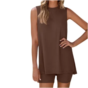 Arlun Women s 2 Piece Outfits Sleeveless Crew Neck Cut Crop Top Bodycon Shorts Set Y2k Solid Color Stretchy Slim Fitted Summer Matching Sets Night Cl