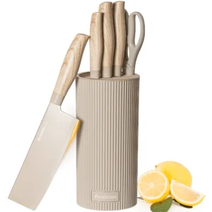 Astercook 6 Piece Beige Knife Set Kitchen Knives Healthy Protective Coating Dishwasher Safe Stainless Steel Professional Chef Block Perfect Holiday G