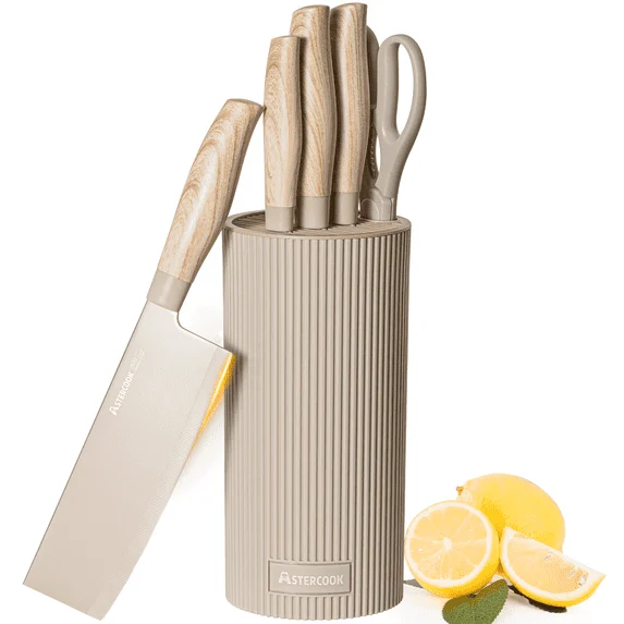 Astercook 6 Piece Beige Knife Set Kitchen Knives Healthy Protective Coating Dishwasher Safe Stainless Steel Professional Chef Knife Block Set Perfect