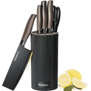 Astercook 6 Piece Black Knife Set Kitchen Knives Healthy Protective Coating Dishwasher Safe Stainless Steel Professional Chef Block Perfect Holiday G