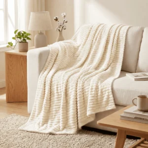 Beige Queen Size Striped Blanket – Soft Cozy Bedding