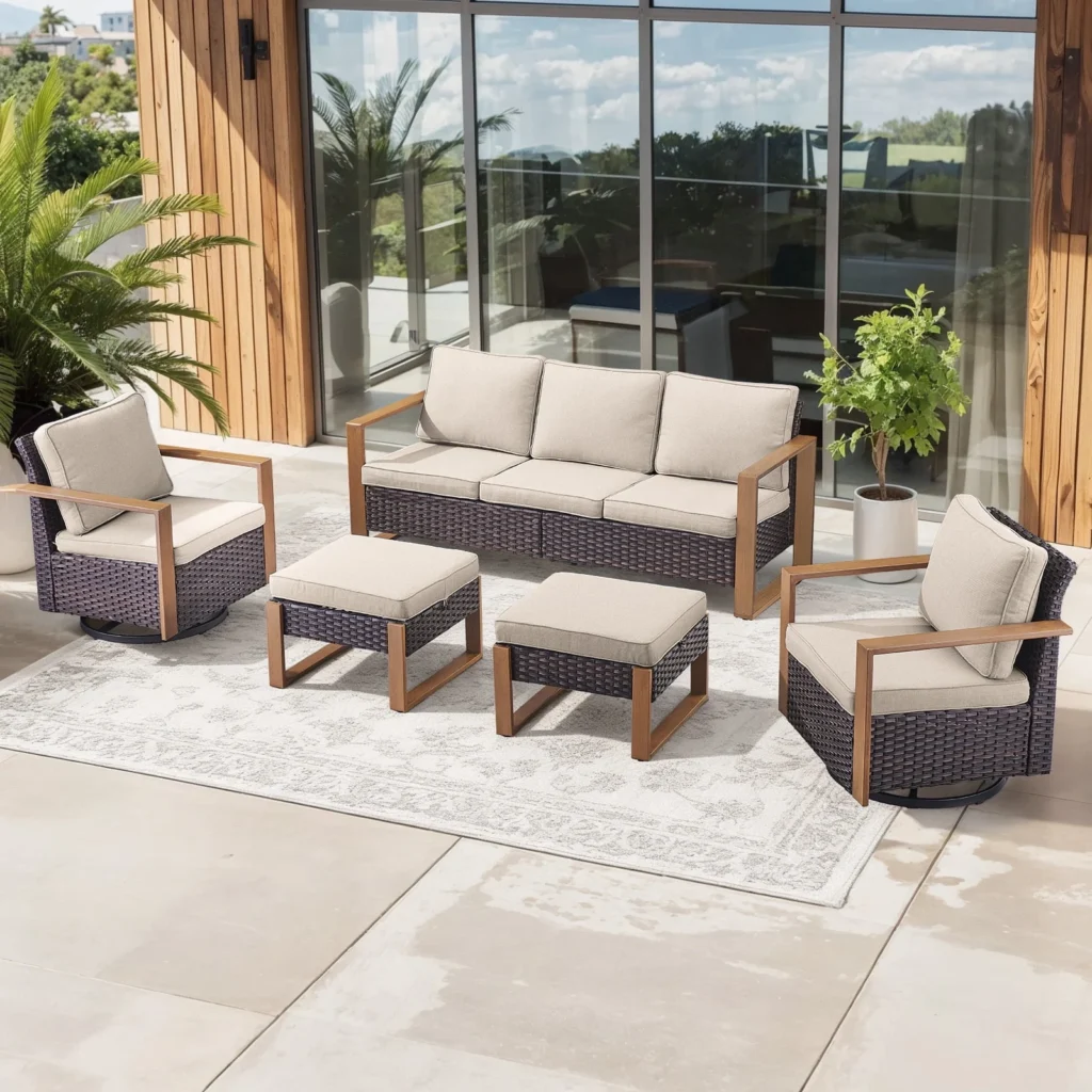 Bellefurn Luxury Outdoor Wicker Patio Furniture Set 5 Piece Deep Seating Outdoor Conversation Set Patio Swivel Rocker Patio Chairs Rattan Couch Ottom