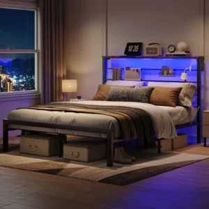 Bestier Queen Size Bed Frame with 49 2 High LED Storage Headboard Shelf Metal Platform Bed Black